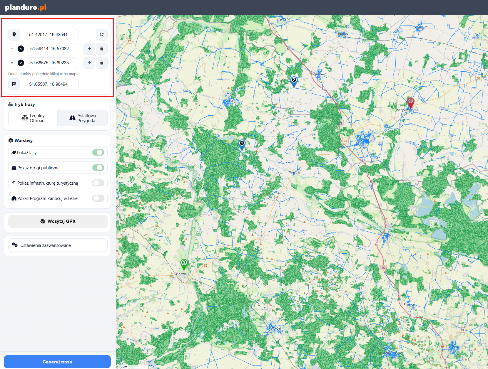 Lista punktów Via i markerów